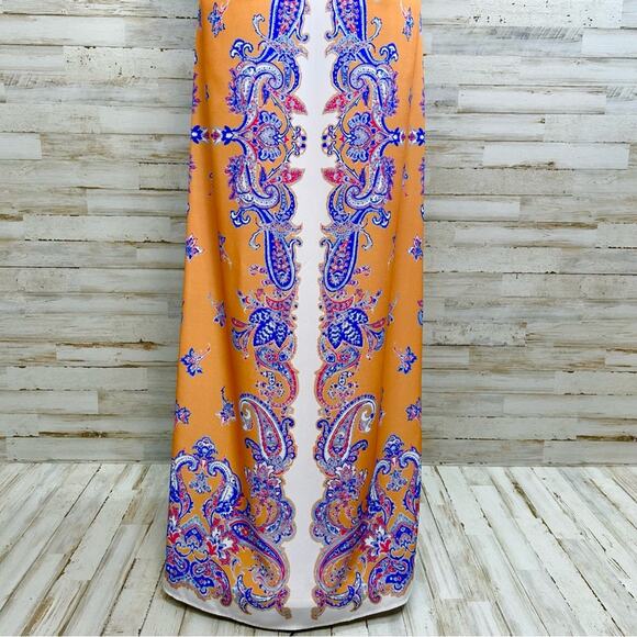 Clover Canyon Halter Scarf Maxi Dress Size S Mustard Gold Blue Sleeveless - Picture 10 of 14